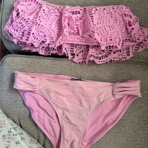aerie Pink Crochet Ruffle Bandeau Bikini Top with Matching Pink Bikini Bottoms
